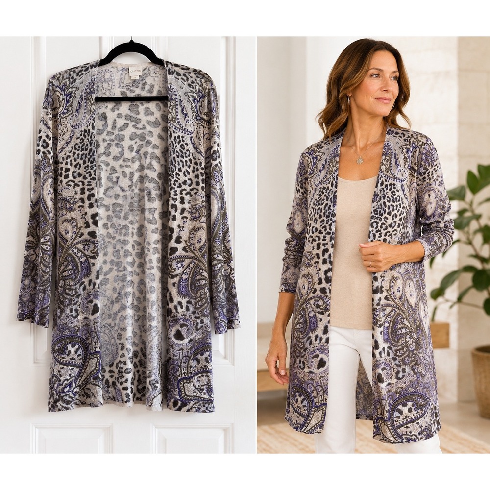 Chico's Linen Cotton Leopard Paisley Duster‎ Cardigan Purple Open Front M